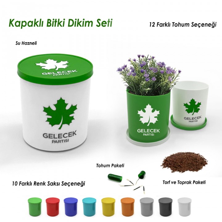 Gelecek Partisi Logolu Yuvarlak Kapaklı Bitki Dikim Seti
